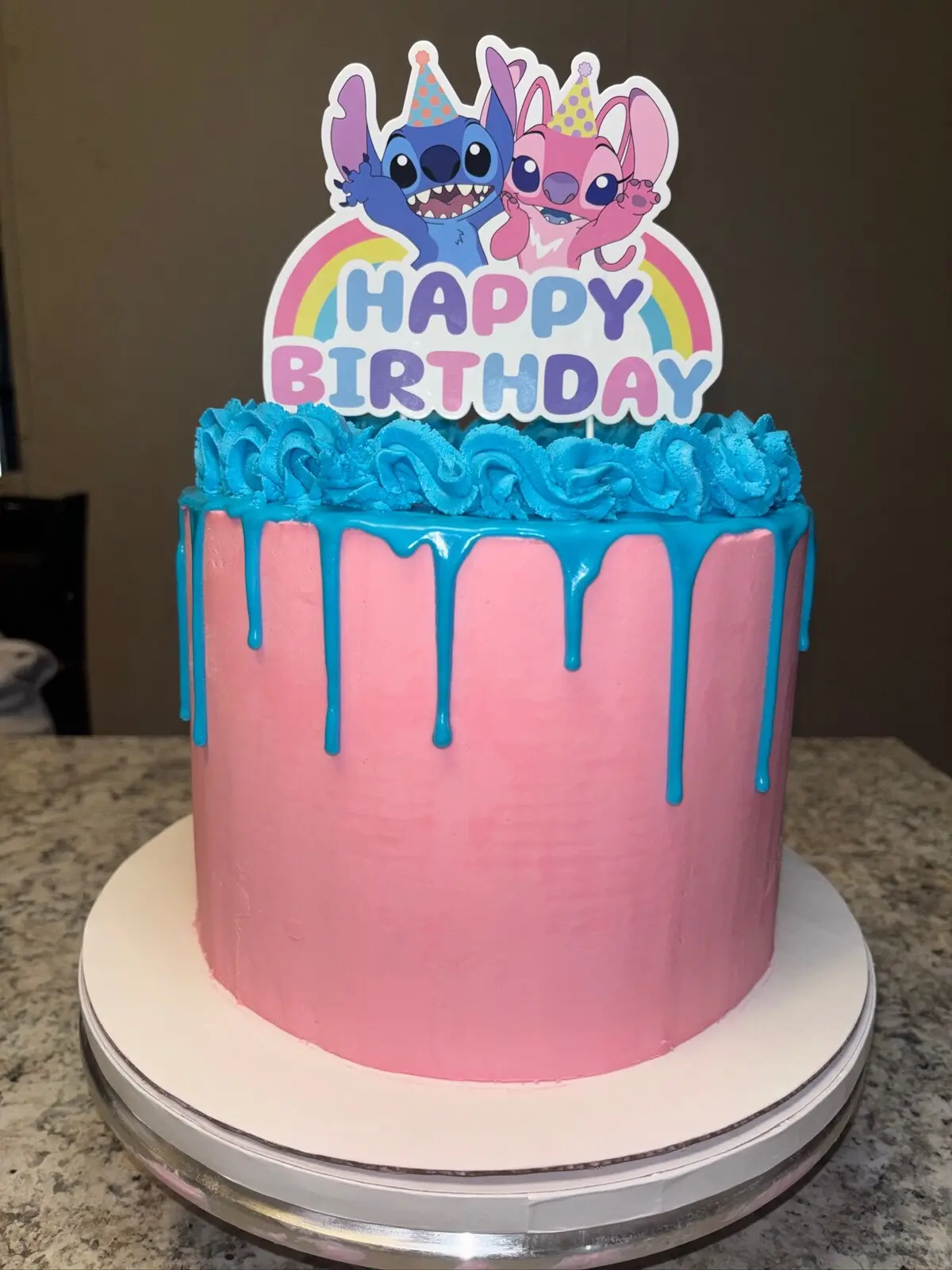 Pink Stitch birthday drip cake
